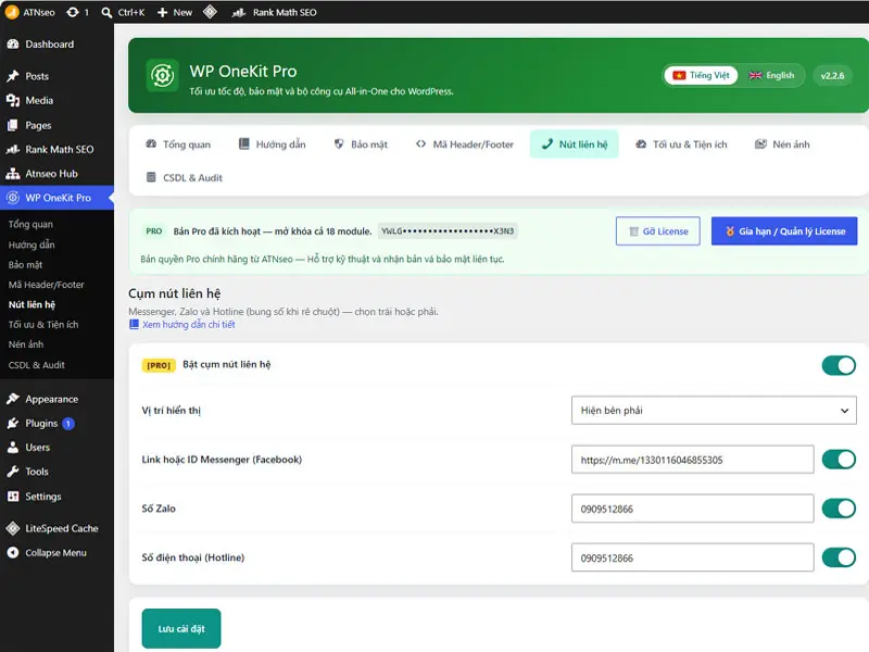 Phần cấu hình nút liên hệ Tel, Zalo, Mesenger trong Plugin Wp Onekit